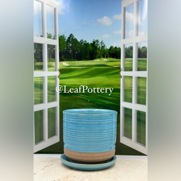 Bluish Blue/Beige Ceramic Planter Pot with Saucer Attached - Picture 2 of 11